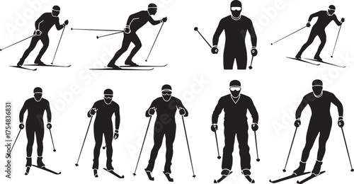 Cross-Country Skiers Alpine Skiers Silhouettes Various Poses Skill Levels