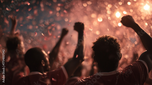 Team celebrating a goal with visible unity and emotion, surrounded by confetti and a cheering crowd in the background, captured in a dynamic 16:9 composition.