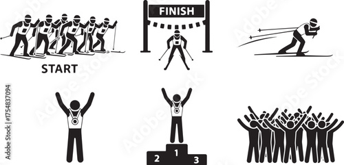 Set of Ski Race Event Icons: Skiers at Start, Finish, Winners, Podium, Crowd Celebration