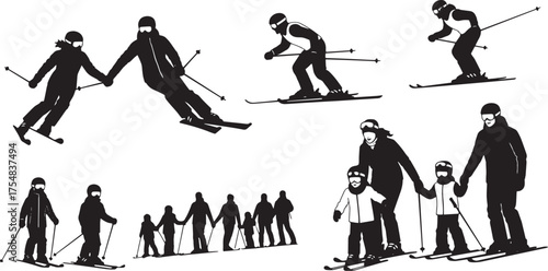Winter Skiers Silhouettes Set Friends Families Skiing Mountains Snow Landscape