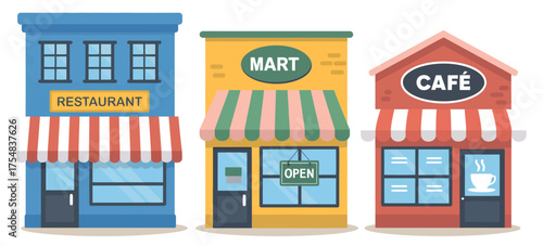 Urban storefront, vector icons including restaurant, coffee shop, and convenience mart, city building illustrations, commercial vector set, modern business design, 