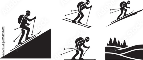 Black Silhouette Of A Skier Ski Mountaineering Icons Set Of Uphill Skiing Figures