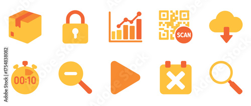 Colorful set of business and technology icons featuring lock, graph, and qr code