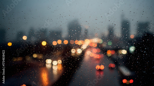 Rainy city view through a window with blurred lights and raindrops