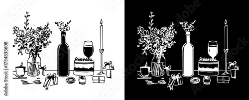 Wedding Card - minimalist hand drawn food and drink vector illustration. Wine, champagne glass, cheese, cake drawings for wedding invitations, menus and parties. Ink doodle sketch style