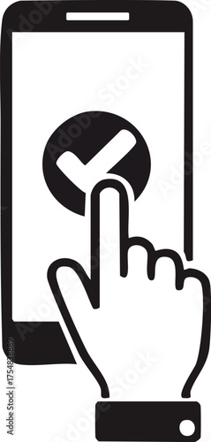 Hand tapping smartphone screen with check mark icon – black and white mobile approval gesture vector illustration