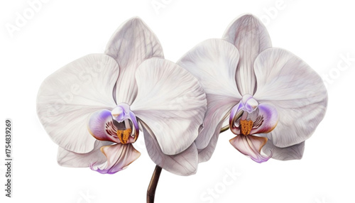 Elegant orchid flower on a white background, realistic botanical drawing art style, soft pastel tones, high resolution clean illustration.