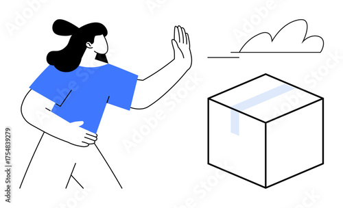 Woman in blue shirt gesturing stop towards package with shipping tape. Ideal for logistics, refusal, no contact, delivery, decision-making, decluttering, boundaries concepts. Simple flat metaphor