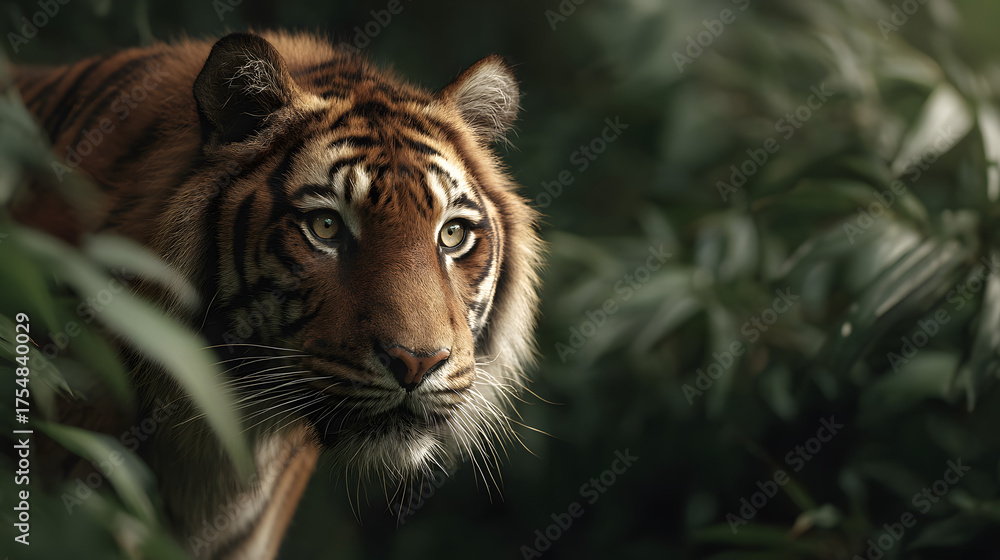 Fototapeta premium majestic tiger portrait peering through lush green foliage