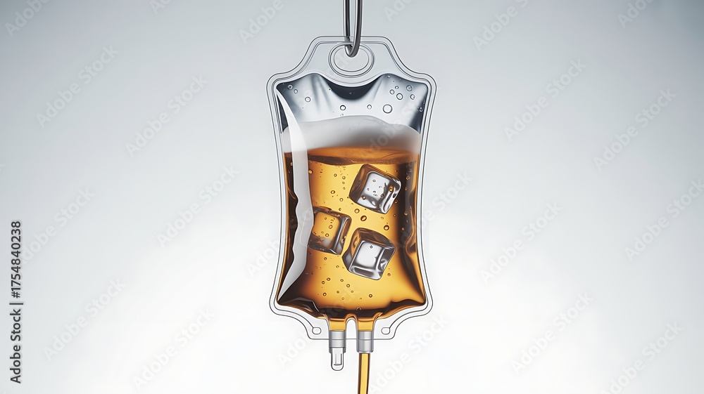 Obraz premium Saline bags filled with beer hanging on a hook on a white background