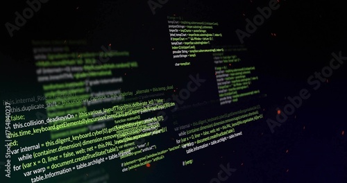 Floating color-coded code snippets appearing against dark canvas with glowing orange flecks