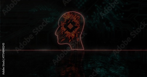 Floating neon circuit-traced head silhouette glowing over reflective surface, with microchip motif