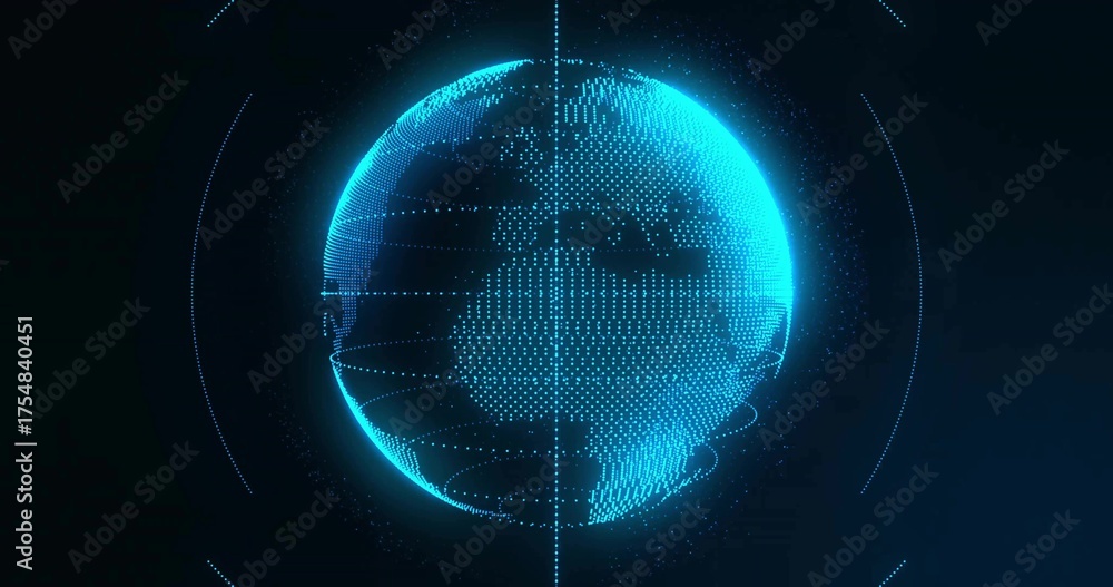 Fototapeta premium Rotating holographic globe displaying point cloud, grid lines in data space, data rings orbiting
