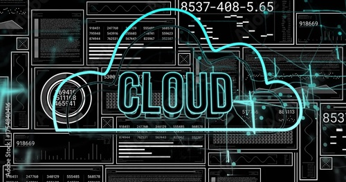 Showing neon CLOUD icon streaming data across dark digital interface, with multiple data panels