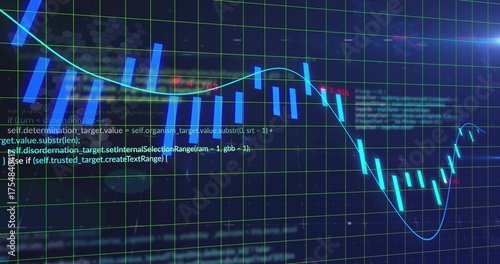 Displaying candlestick chart moving on grid on screen, with neon-blue bars and glowing trend line