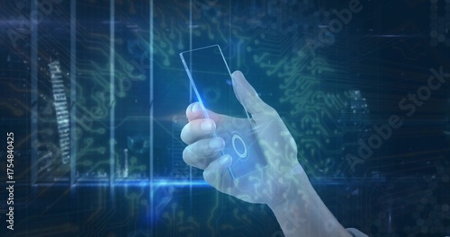 Gripping right hand holding clear smartphone in cyber scene, with glowing button and hologram ring