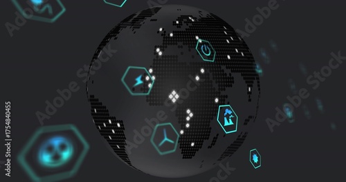 Dot-matrix globe rotating in lab, cyan hex frames power lightning flask propeller icons datapoints