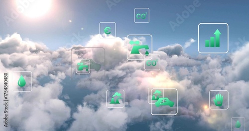 Floating translucent frames over cloud layer under bright sun, displaying green eco icons