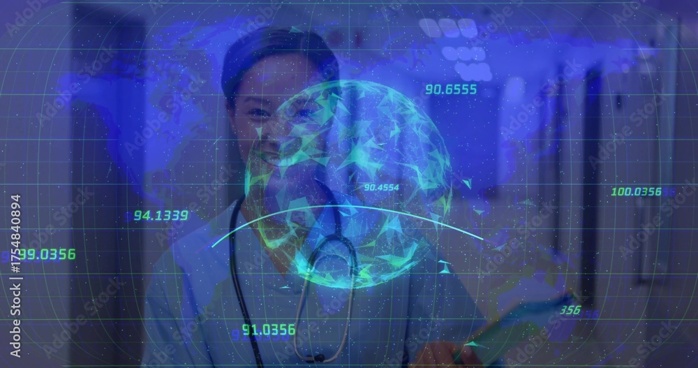 Obraz premium Standing nurse in scrubs analyzing holographic globe in hospital hall, with stethoscope tablet