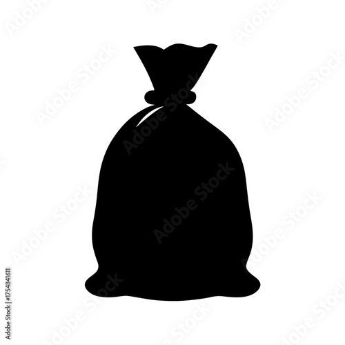 Silhouette of a full sack tied at the top on white background