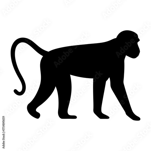 Silhouette of a macaque monkey walking in profile on a white background