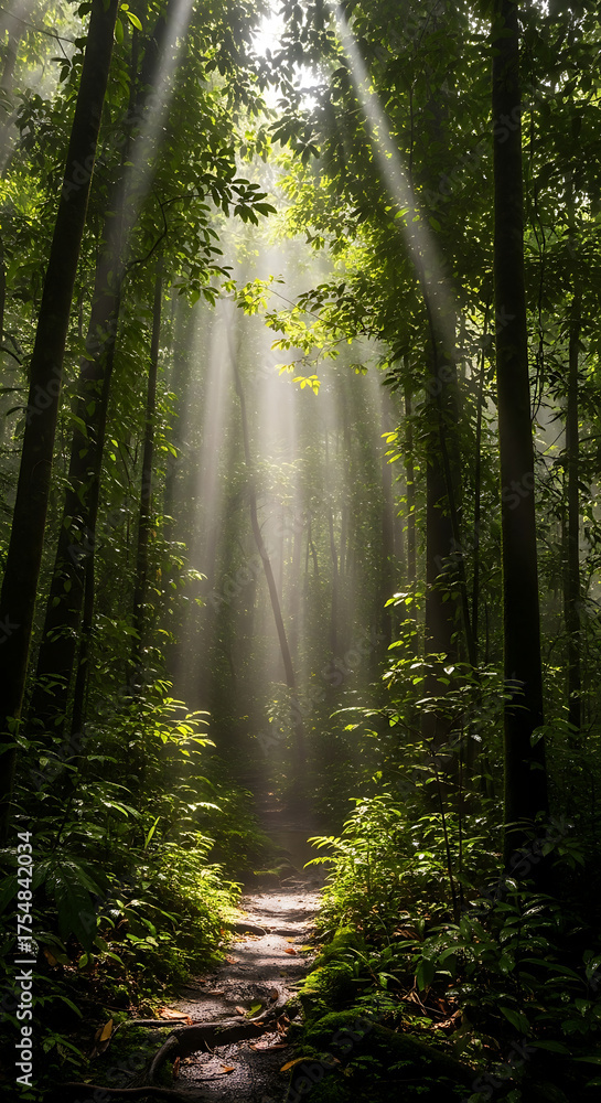 Fototapeta premium Sunlight Beams Piercing Through Forest Canopy Onto a Mystical Pathway