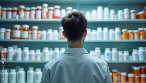 Rear view of man in lab coat stands before drug shelves. Pharmacist checks stock of medications. Medicine in pharmacy warehouse. Healthcare professional audits drug supply at drugstore.