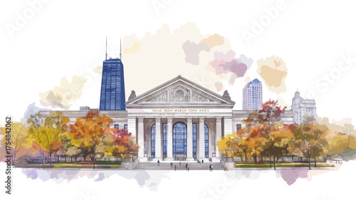 Field Museum of Natural History. Field Museum of Natural History hand drawn watercolor illustration