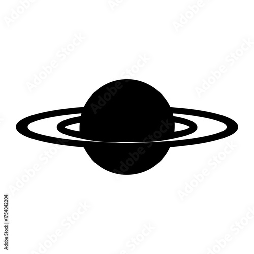 Planet with rings silhouette icon symbolizing Saturn or space, Black silhouette icon of a planet with surrounding rings, typically representing Saturn, space exploration, astronomy, and the solar syst