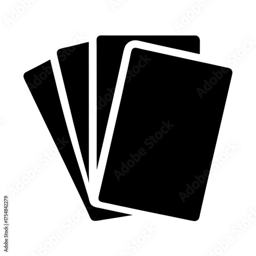 Playing cards silhouette icon for games and gambling, Black silhouette icon of four overlapping playing cards, representing casino games, luck, entertainment, and recreational activities.
