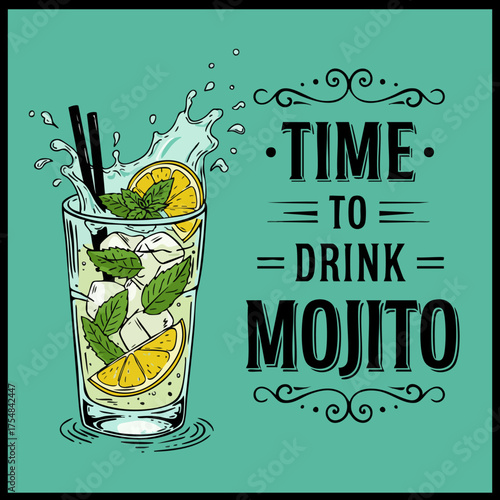Refreshing mojito cocktail illustration with lemon and mint on a teal background