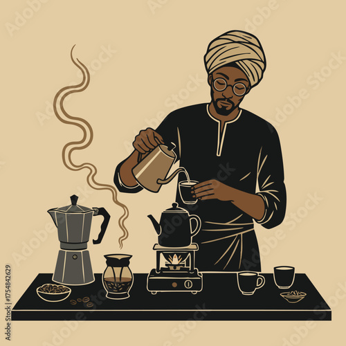 Man in turban carefully pours coffee into a cup in a vintage kitchen setting