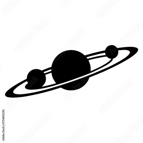 Black and white illustration of a ringed planet with two moons