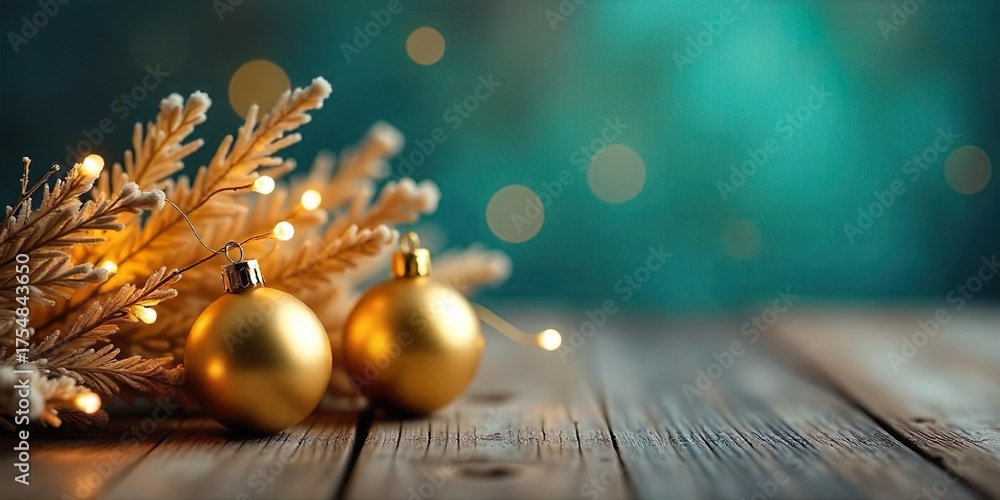 Fototapeta premium Holiday decor featuring shiny gold balls and warm fairy lights arranged on rustic wooden surface.