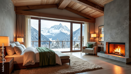 Bed room with mountain view in wood and stone chalet on ski resort in Alps. Interior with panorama windows and warm fire place. Log ceiling.
