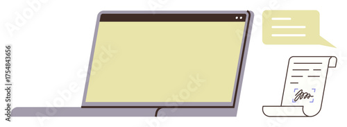 Laptop with blank screen, chat bubble representing discussion, and signed document. Ideal for remote work, digital agreements, e-signature, virtual communication, document verification, online