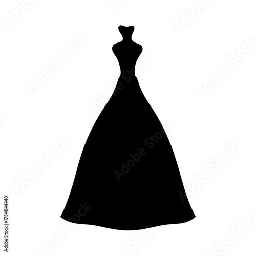 Elegant black ball gown silhouette on a white background stands out sharply
