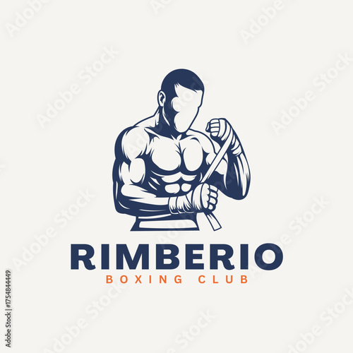 Powerful boxer wrapping hands for intense training session, embodying strength and determination in a dynamic club logo design