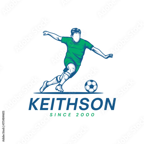 Dynamic soccer player in action kicking ball with modern athletic design and brand text KEITHSON