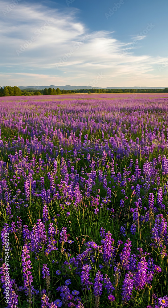 Fototapeta premium Vibrant Purple Flower Field Under a Blue Sky with Distant Hills