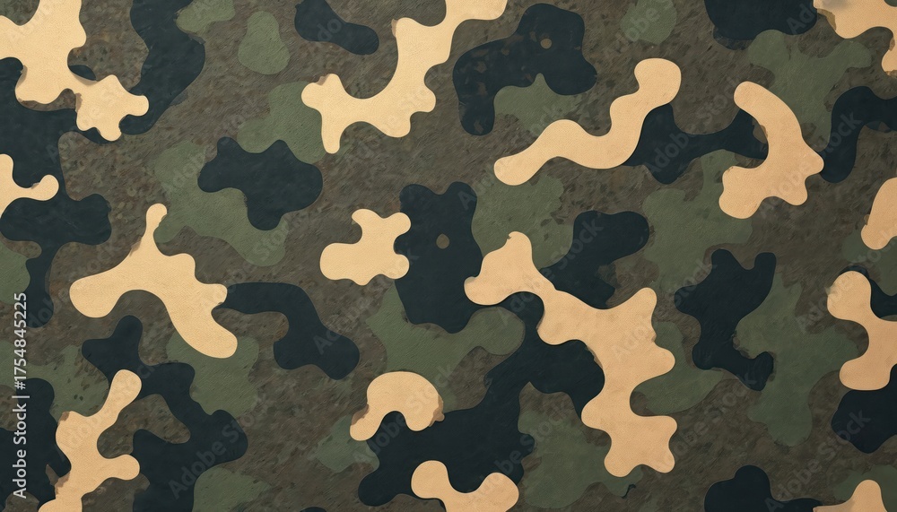 Fototapeta premium Camo pattern illustration with green beige and dark blue spots on textured background. Camouflage design for fabric apparel or military themes. Abstract modern fashion art wallpaper.
