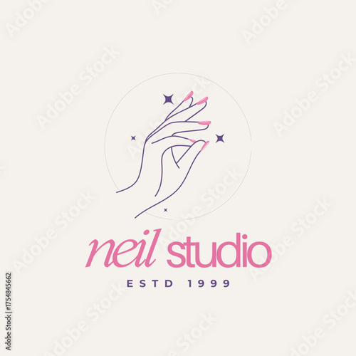 Elegant feminine hand with manicured nails and sparkling stars, perfect for beauty salon branding and logo design