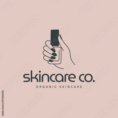 Chic hand holding organic skincare bottle, embodying natural beauty and self care for modern brands