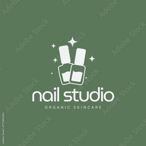 Elegant nail studio logo design featuring polish bottles and sparkling stars for organic skincare brands