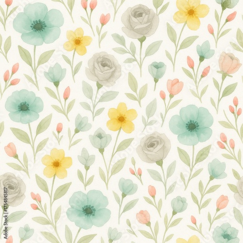 A delightful floral pattern featuring watercolor blossoms in pastel hues, creating a soft and artistic aesthetic. The arrangement is seamless.