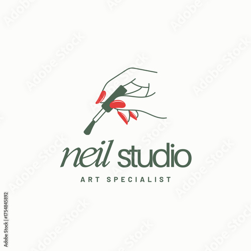 Elegant nail studio logo design for modern beauty brand with red manicure and minimalist aesthetic, conveying sophistication and style