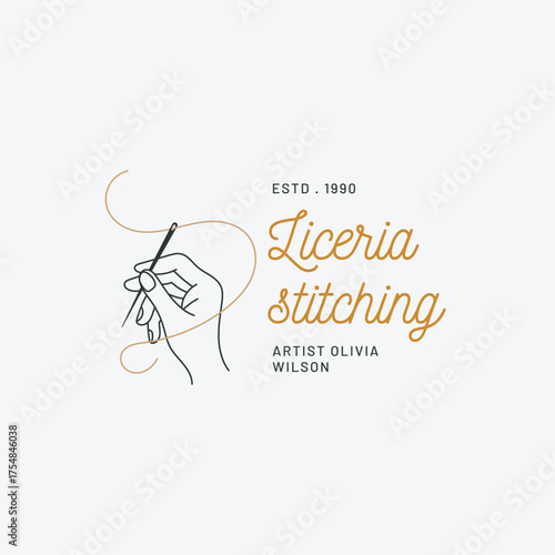 Elegant hand stitching logo design with needle and thread for modern crafting business branding and artistic textile creations