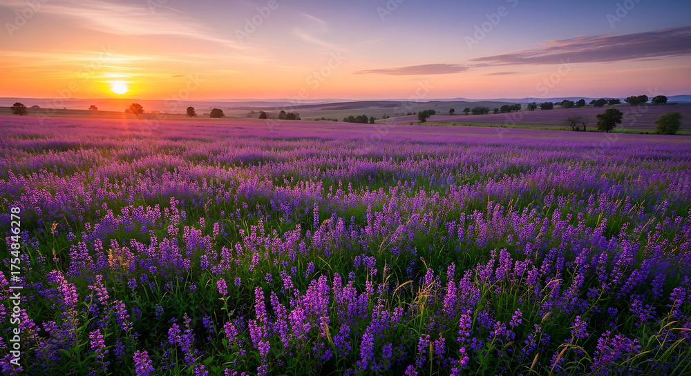Obraz premium Vibrant Purple Flower Field Bathed in Warm Golden Sunset Light