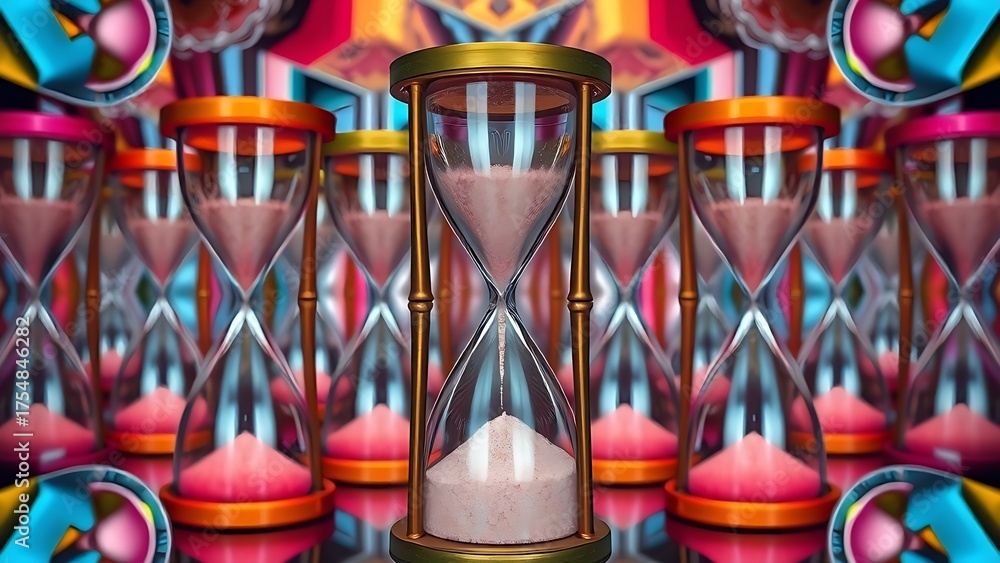 Fototapeta premium Colorful overlapping hourglasses with upward-flowing sand, depicting the unique perception of time in ADHD.