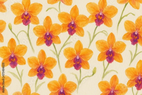 A pattern of vibrant orange orchids with a touch of purple
